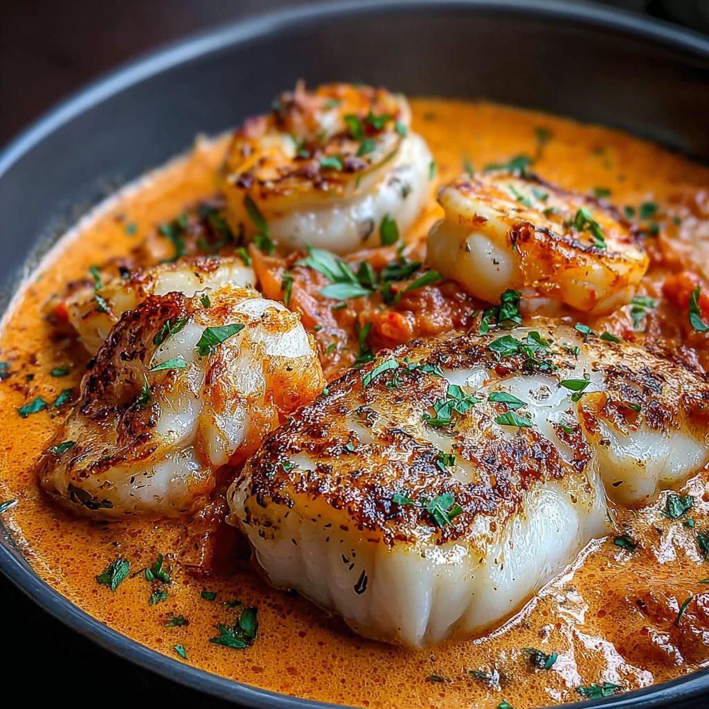 Bacalao en Salsa Cremosa de Gambas y Piquillos